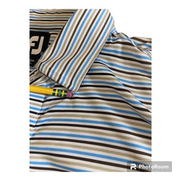 Footjoy Men's Blue, Beige & Black Striped 3 Button Polo, Size M - Picture 6 of 7